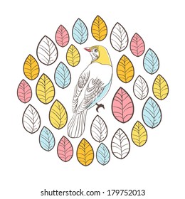 Birds and leaves. Circle Vector Illustration Card. You can create design of greeting cards, invitations, seasonal cards, gift tags and many other things