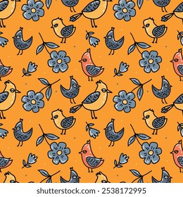 Birds, leaves and flowers. Colorful and whimsical illustration of various birds with floral accents on the background.
