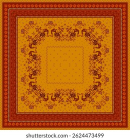Birds, leaves and flowers in folk style on a gold background with a brown ornamental border. Boho print for a scarf, carpet, tablecloth. Ethnic pattern for fabric.