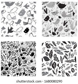 Aves y hojas sin fisuras. Ilustración en blanco y negro para su diseño. Tarjeta sobre amor