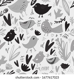 Birds and leaves seamless pattern. Flat illustration for your design. Card about love. Black and white background
