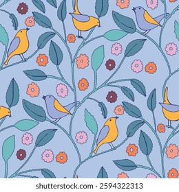 Birds and Leaves Vector Seamless Pattern
