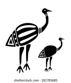 birds like ostrich, mum with a baby bird, black and white illustrated vector