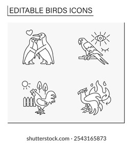  Birds line icons set. Different types of birds symbolize.Penguins, macaw, rooster and phoenix, Nature concept. Isolated vector illustrations. Editable stroke