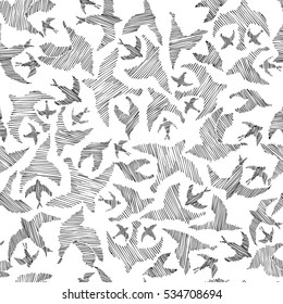 birds lines pattern.flock of flying birds.different kind of hatching