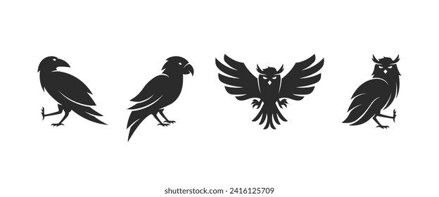 Birds logo set. Raven, Parrot and Owl signs. Vector illustration