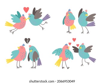 Birds Love Characters. Cute Bird Valentines, Hugging Chirping Kissing Funny Spring Birdie Family Character Couple Vector Illustration Isolated On White