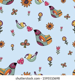 Birds in love cute pattern with spring birds, heart and flowers on blue background. Seamless vector pattern, endless texture