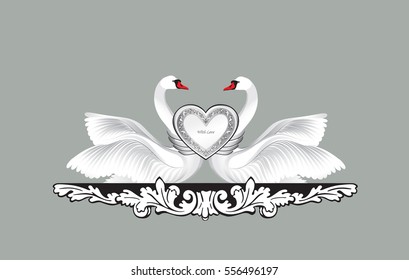 Birds in love with floral decoration. Couple of swans. Two love hearts concept illustration. Good for wedding, St. Valentine greeting card decor, marriage anniversary design background