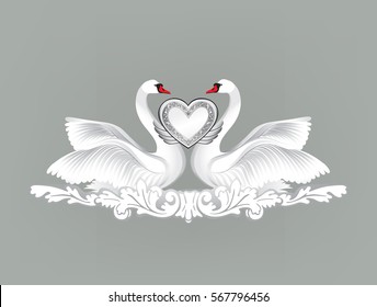 Birds in love with floral decoration. Couple of swans. Two love hearts concept illustration. Good for wedding, St Valentine greeting card decor, marriage anniversary design background.