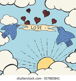 Birds of love. Hand drawn vector illustration.