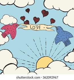 Birds of love. Hand drawn vector illustration.