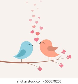 Birds with love and hearts on branch. Vector illustration on light background.
