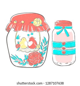 Birds in love in jar decorated with flowers. Beautiful vector cute greeting card