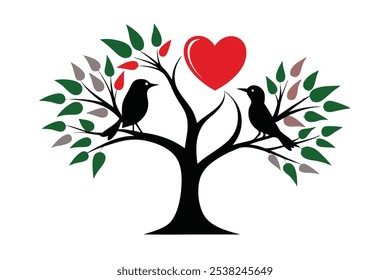 Birds in love kissing on a heart tree