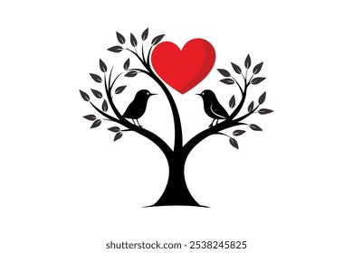 Birds in love kissing on a heart tree