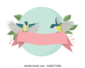 Birds with a love message. birds flying with a banner. Romantic birds illustration