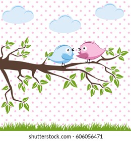 Birds in love on branch. Vector illustration on white background