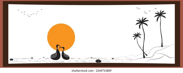 Birds in love on sunset, vector illustration. Minimalist wall decals, wall artwork. Wall art decoration. Birds couple silhouette on Black and white art design background.