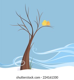 Birds in love perching in breezy winter on a tree, winter scene of a couple of birds in an isolated image. Brown tree with a little of breeze, two yellow birds laughing happily vector illustration. 