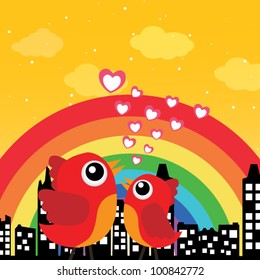Birds in love with rainbow