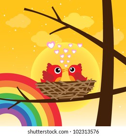 Birds in love with rainbow