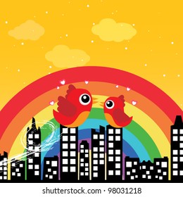 Birds in love with rainbow