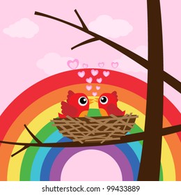 Birds in love with rainbow