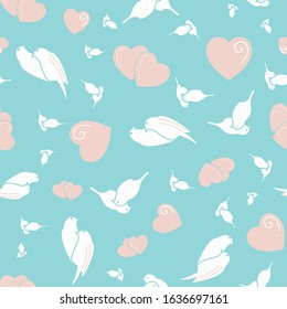 birds in love seamless vector pattern in blue pink and white