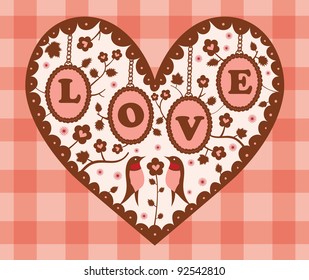 Birds with Love Shape Flower Garden. Paper Cutouts. Valentine's Day Design.