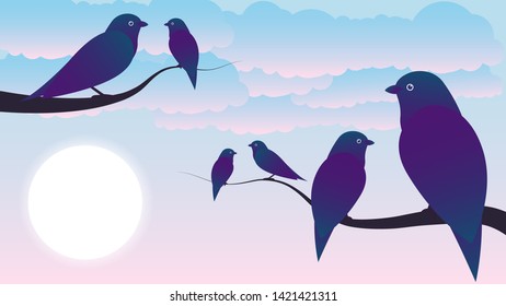 birds in love are sitting on the background of a beautiful landscape. Vector illustration.