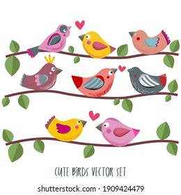 Birds in love sitting on branch. Cartoon style clipart on white background