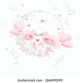 Birds love Spring flowers watercolo