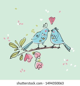 birds in love standing on a tree branch]