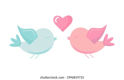 Сute birds in love. Stylish sticker for Valentine day. Vector illustration. 