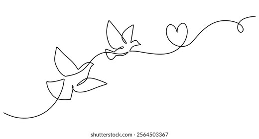 Birds and love symbol in continuous line drawing. Representing freedom, love, and connection. Vector illustration hand drawn.