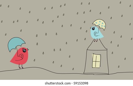 Birds in love under rain