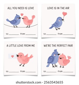 Birds in Love Valentines Day Cards Collection. Hand drawn pair of blue and pink canaries characters. Cartoon animals in love concept. Love letter holiday postcard design. Flat vector illustration.