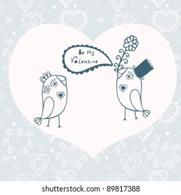 Birds in love. Vector illustration. Declaration of love. Vector illustration of cartoon birds, may be used as Valentine card. Be my Valentine.