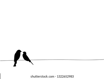 Birds in love, vector. Birds silhouettes on wire isolated on white background.  Black and white wall decals, art design, wall artwork.  Minimalist art decor