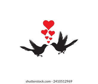 Birds in love, vector, Wall decals, birds couple in love, birds silhouette on branch and hearts Illustrations isolated on white background. Art decoration, wall decor