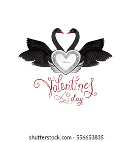 Birds in love with winged silver heart decoration and handwritten lettering St Valentine's day. Couple of swans silhouette. Two love hearts concept illustration.