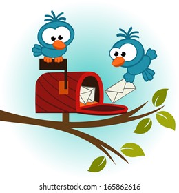 birds and mailbox with mail - vector illustration