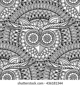 Birds mandala theme. Owl seamless mandala pattern with abstract ethnic aztec ornament pattern. Owl banner. Zentangle inspired. Stylized ethnic owl head. Black and white owl pattern.