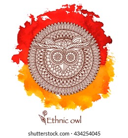 Birds mandala theme. Owl white mandala with abstract ethnic aztec ornament pattern on colorful watercolor background. Owl banner. Owl tattoo.  Zentangle inspired. Stylized ethnic Owl. Owl 3d effect