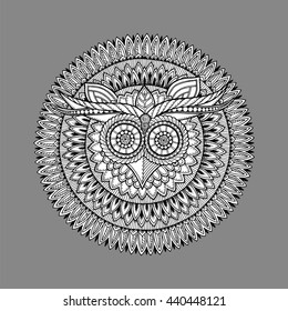 Birds mandala theme. Owl white mandala with abstract ethnic aztec ornament pattern on grey background. Owl banner. Owl tattoo.  Zentangle inspired. Stylized ethnic Owl.