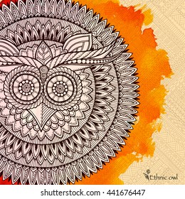 Birds mandala theme. Owl white mandala with abstract ethnic aztec ornament pattern on colorful watercolor background. Owl banner. Owl tattoo. Zentangle inspired. Stylized ethnic Owl.