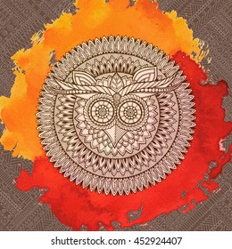Birds mandala theme. Owl white mandala with abstract ethnic aztec ornament pattern on colorful watercolor background. Owl banner. Zentangle inspired. Stylized ethnic Owl.
