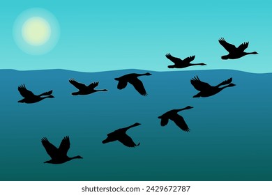 Birds migrate in a flock. Geese fly over the sea. Migration of cranes, goose, duck. Birds cranes flying of sunset or sunrise. Silhouette of a bird