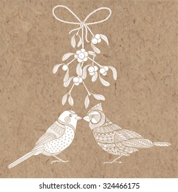 Birds and mistletoe. Vector illustration on kraft paper. Christmas cartoon background